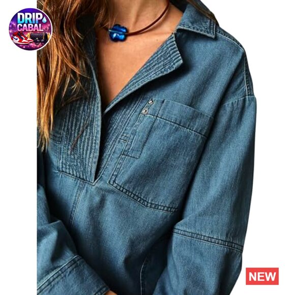 Denim Pullover Blouse Loose Fit Long Sleeve V Neck Button Casual Chic - Picture 4 of 7